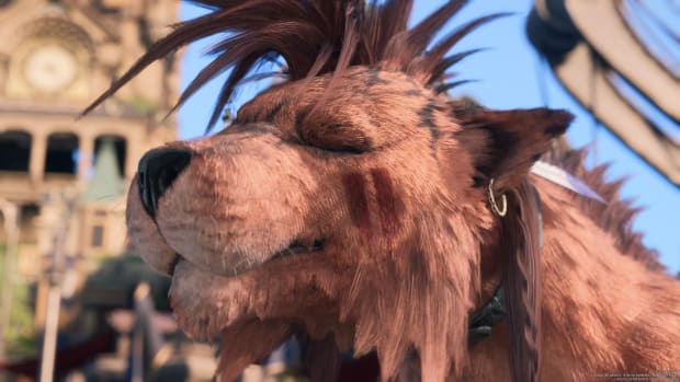 Final Fantasy 7 Rebirth's Red XIII with his eyes closed and a big smile on his furry lil' face