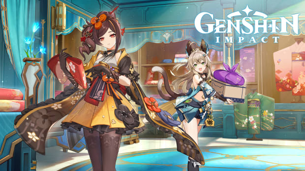 Genshin Impact update 4.5 key art with Chiori and Kirara in a fashion boutique.