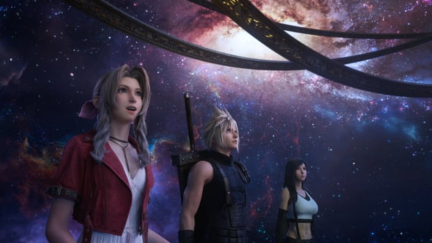 Aerith, Cloud, and Tifa in a screenshot from Final Fantasy 7 Rebirth