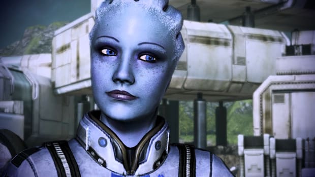 Mass Effect's Liara standing outside a metal sci-fi outpost