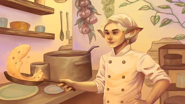 A fantasy elf wearing a chef's outfit is flipping a mixture of unknown origin in a skillet