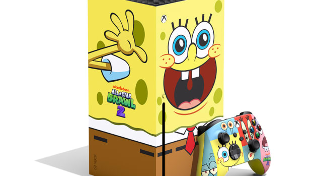 Photo of a SpongeBob SquarePants-branded Xbox Series X with controller.