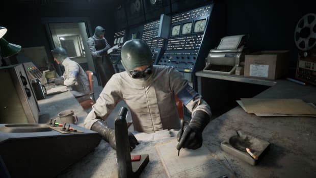 An Outlast Trials scientist sitting at a cramped corner desk, making notes on a grungy-looking piece of paper