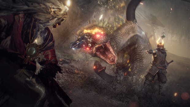 Nioh 2 screenshot showing a samurai fighting against another samurai and a monstrous snake.