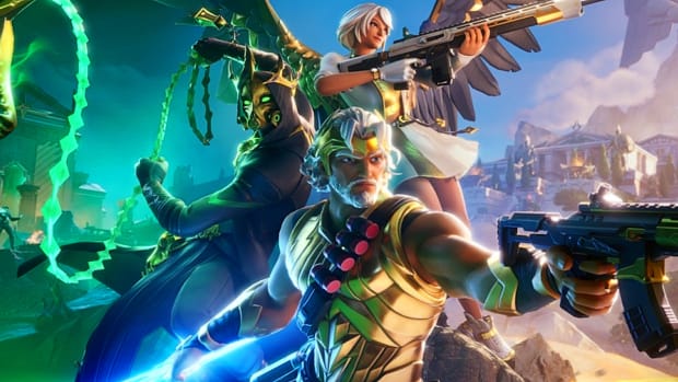 Fortnite's Zeus, wielding an assault rifle and lightning bolt, with Hades and Icarus behind him