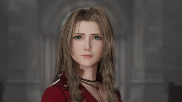 Final Fantasy 7 Rebirth's Aerith standing in the Sector 5 church without her signature pink ribbon