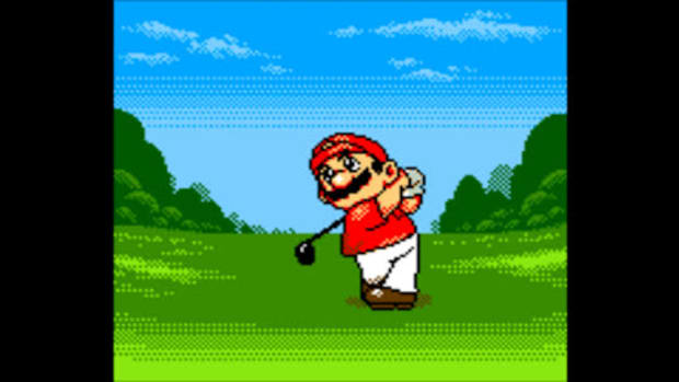 A pixel version of Nintendo's Mario, swinging a golf club on a flat green course with the open blue sky behind him