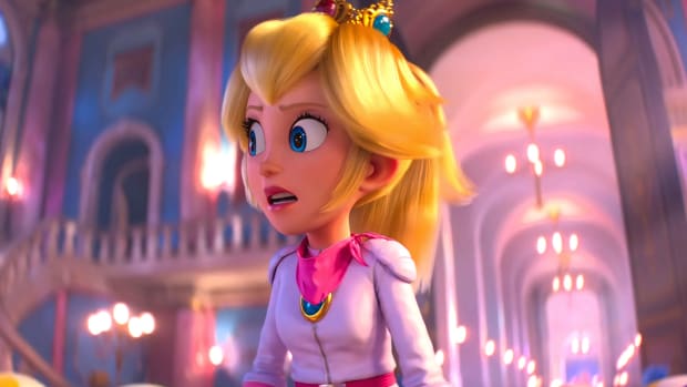 Princess Peach from the Super Mario Bros Movie, looking to her right with an expression of slightly disgusted surprise on her face
