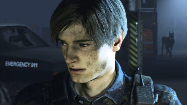 Resident Evil 2 remake's Leon Kennedy, standing outside a police station with dirt smeared on his face