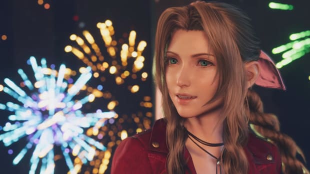 FF7 Rebirth's Aerith during the Gold Saucer date scene, her face lit up by the fireworks going off outside the Ferris wheel car