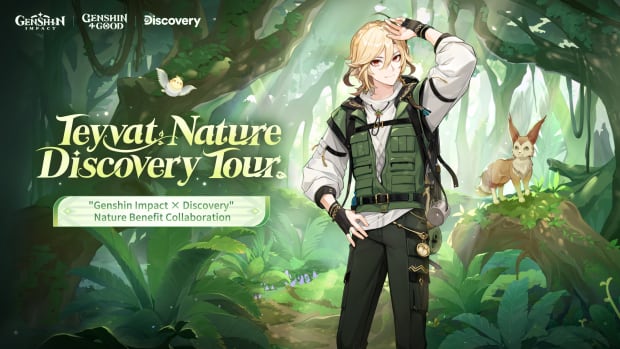Genshin Impact artwork showing Kaveh exploring a rainforest.