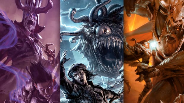 Dungeons & Dragons artwork showing various fantastical battle scenes.