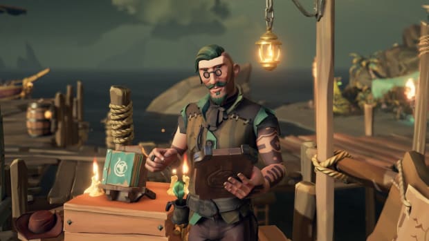 Marley, Sea of Thieves' first trans character, standing on a dock with a Merchant Alliance ledger next to him