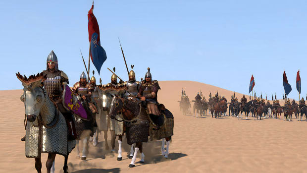 Mount & Blade 2 Bannerlord screenshot showing knights forming up in a desert.