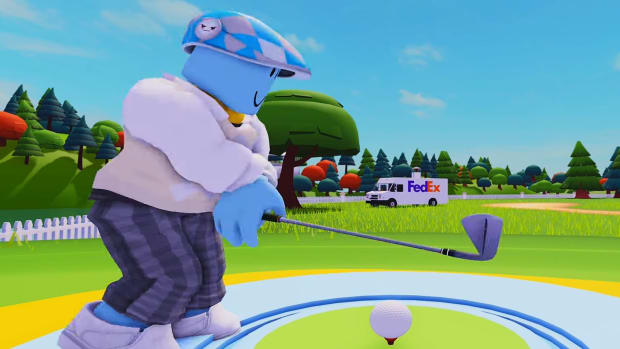 A player character in the Roblox PGA Tour game is teeing off with a driver