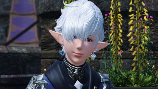Final Fantasy 14's Alphinaud standing in front of a stone wall and tall foxgloves