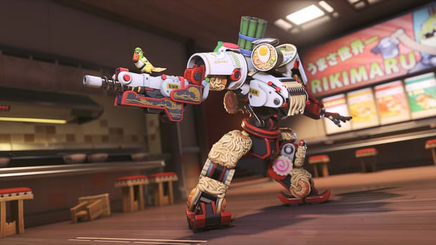 Overwatch 2's Bastion, sporting a unique ramen-themed skin from Season 9