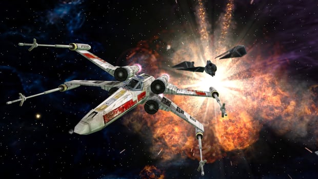 Star Wars: Battlefront Classic Collection of an X-Wing flying be the wreck of a destroyed TIE Interceptor.