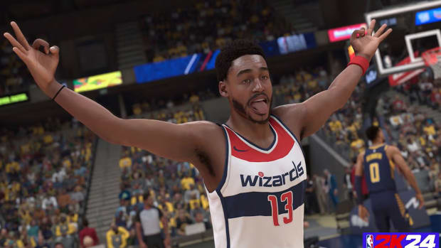 A digital representation of the Wizards no. 13 is running down a basketball court with his tongue out and his hands in the air making a victory gesture