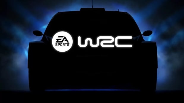 EA Sports WRC logo in white on top of a rally car in the shadows.