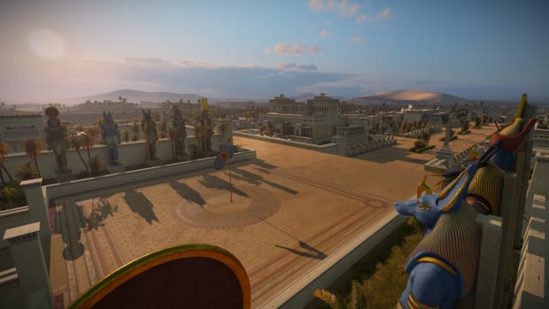 Total War: Pharaoh screenshot of a plaza in Pi-Ramesses.
