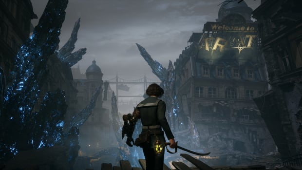 A screenshot from the game Lies of P showing the main character in front of Hotel Krat at night