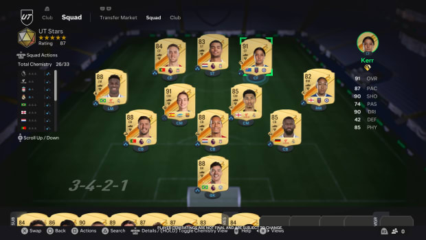 EA FC 24 Ultimate Team screenshot showing a complete 3-4-2-1 formation