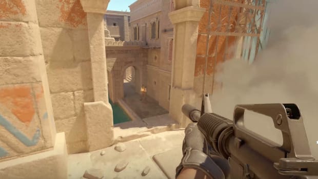 Counter Strike 2 shooting an M4 on Anubis