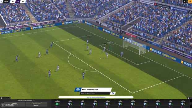 Football Manager 2024 screenshot of a stadium during a game.
