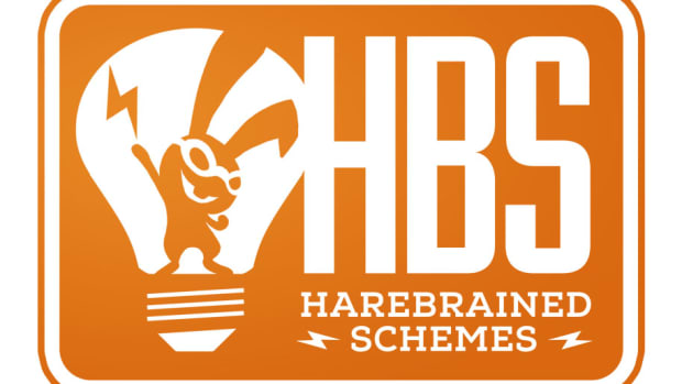 Harebrained Schemes logo in orange and white.