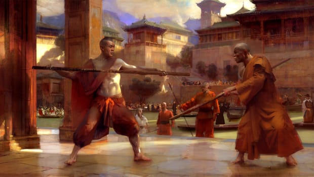 Age of Empires 4 Zhu Xi's Legacy artwork showing Shaolin monks during their combat training.