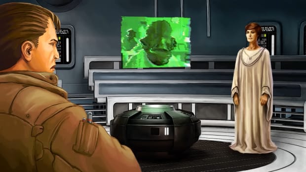 Star Wars: Dark Forces Remaster cut scene with Kyle Katarn, Mon Mothma, and Admiral Ackbar.