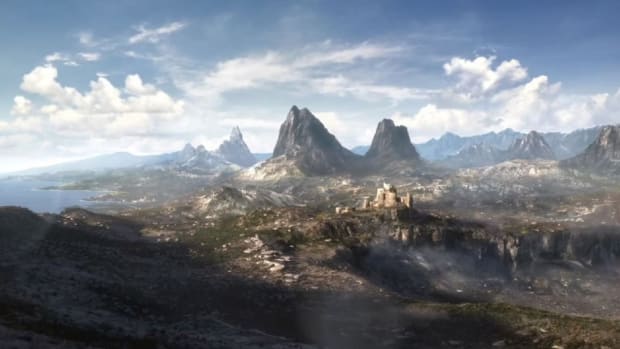 The Elder Scrolls 6 teaser trailer screenshot showing a fantasy landscape.
