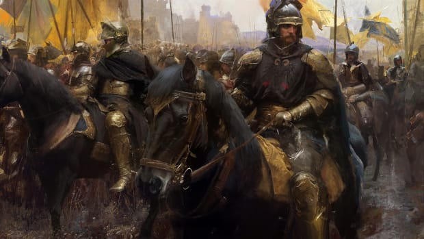 Age of Empires 4 Order of the Dragon artwork showing an army of knights.