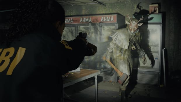 Saga points her gun at a cultist in Alan Wake 2
