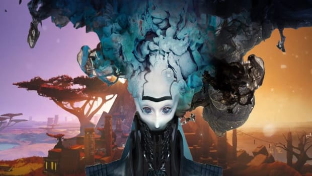 An alien with large eyes and a black mask covering the bottom of of their face is depicted against a twilit backdrop of trees and open planes