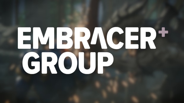 Embracer Group logo on top of a blurred screenshot showing a human supersoldier and an alien fighting.