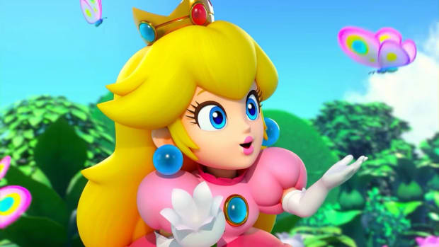 Princess Peach looking at a butterfly in Super Mario RPG