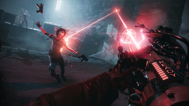 Deathloop screenshot showing some fire a laserbeam from a rifle.