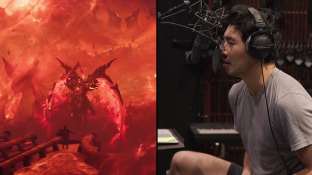 Simu Liu recording voice lines next to an image of his Stormgate character, Warz.