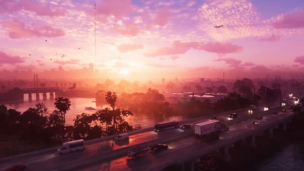 Trailer scene from GTA 6 showing a highway at sunset.