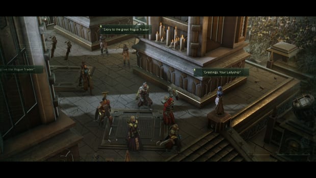 Warhammer 40,000: Rogue Trader screenshot of people celebrating the Rogue Trader.