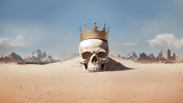 Millennia key art showing a crowned skull laying in the desert sands.