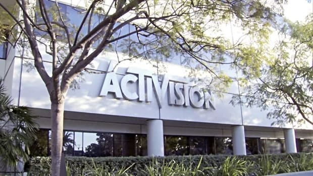 A large gray building with big white words spelling Activision