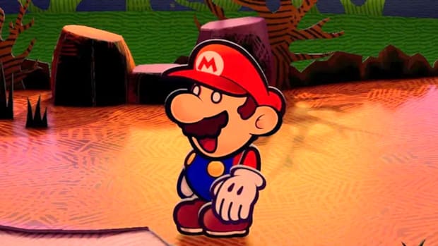 A paper version of Nintendo mascot Mario is standing on a dirt path with his mouth open in shock