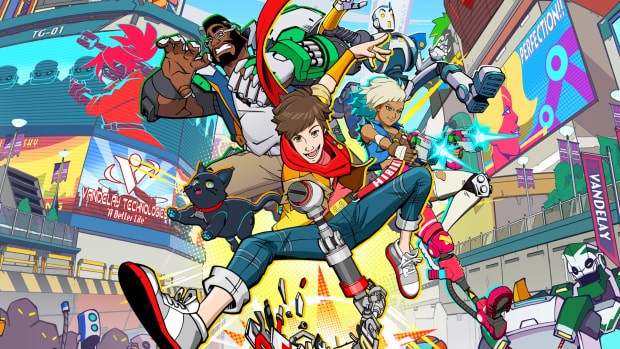 An anime man with a robotic arm and a group of animated people behind him are suspended in midair over an explosion.