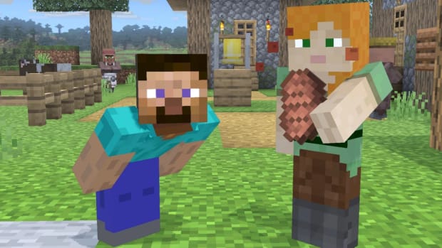 Alex and Steve from Minecraft are standing in front of a stone house. Alex is holding a chunk of meat, and Steve is bending forward inquisitively.