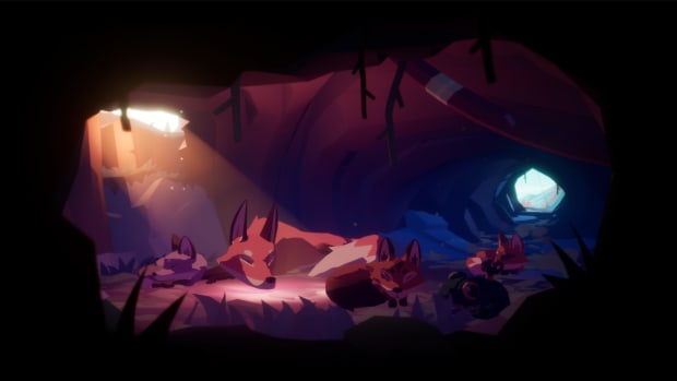 Endling Extinction is Forever screenshot showing a fox mother and her newborns sleeping in a cave.