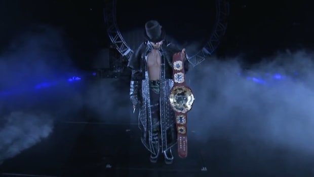 Will Ospreay dressed as an Assassin's Creed character during his Wrestle Kingdom 18 entrance.