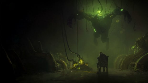 Arcane Season 2 screenshot showing a chained up monster hanging from the ceiling, watched by someone sitting on a chair.
